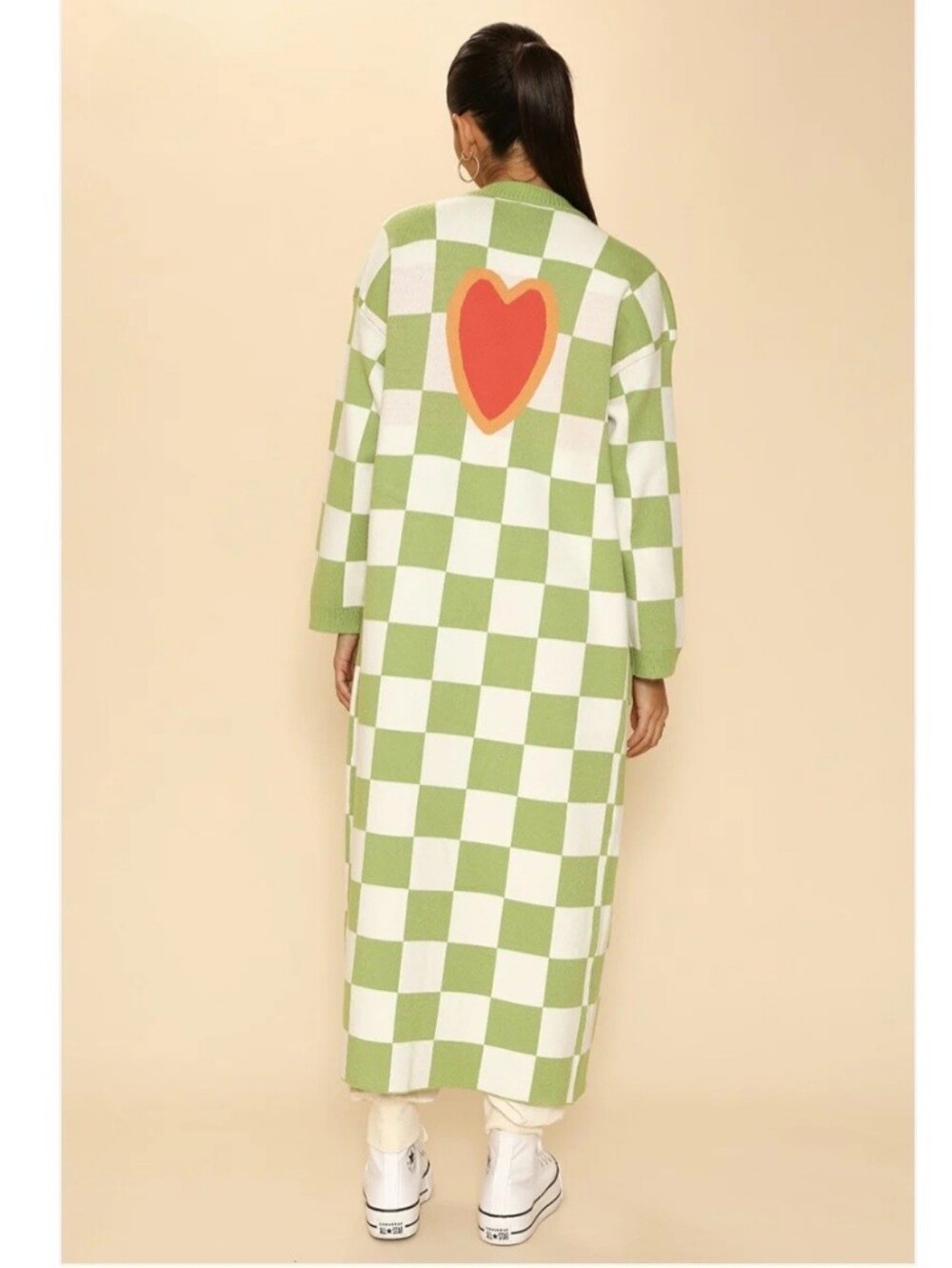 Miss Sparkling Long Duster Checkered Green Heart Quirky Cardigan Sweater Small